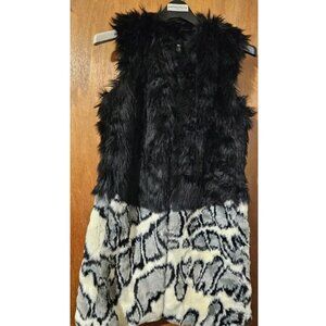 Ainea Size 40 Animal Print and Black Faux Fur Long Gilet Vest Made In Italy